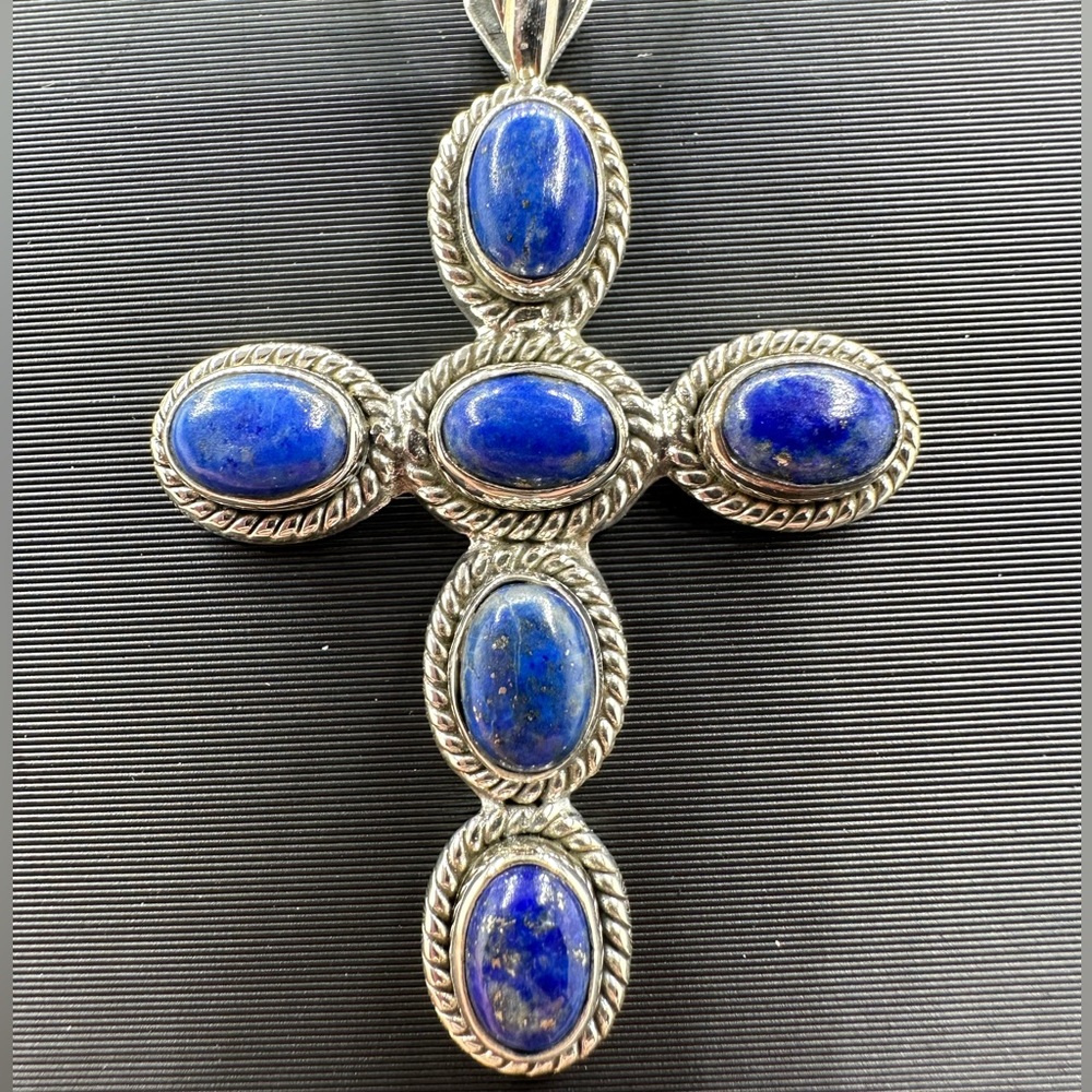 Sterling Silver 925 Handmade 🟦 Lapis Lazuli 🟦 Cross Necklace Pendant Blue